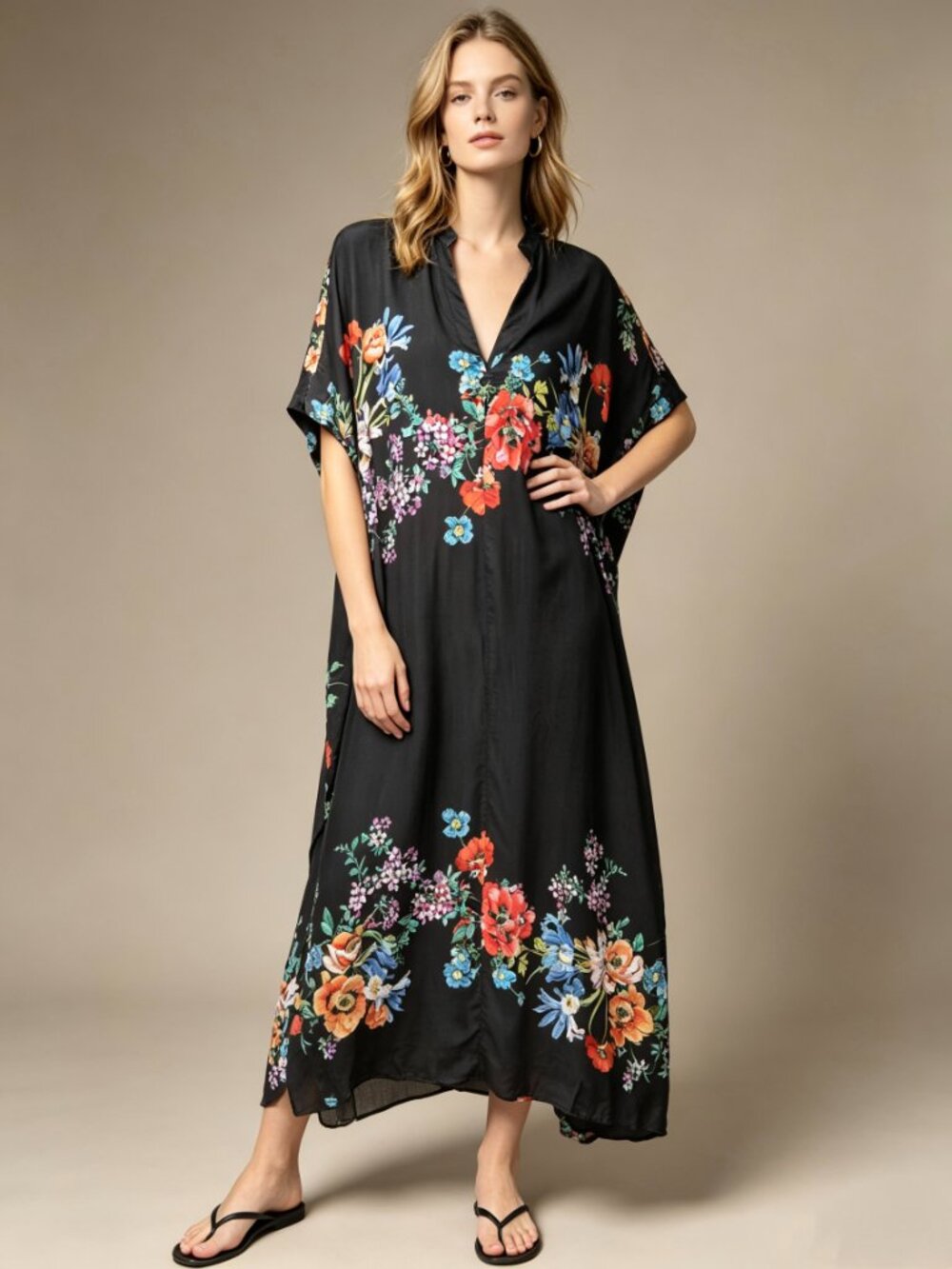 NWOT Johnny Was Floral V-Neck Kaftan Maxi Dress Kimono Cover Up Size S/M
